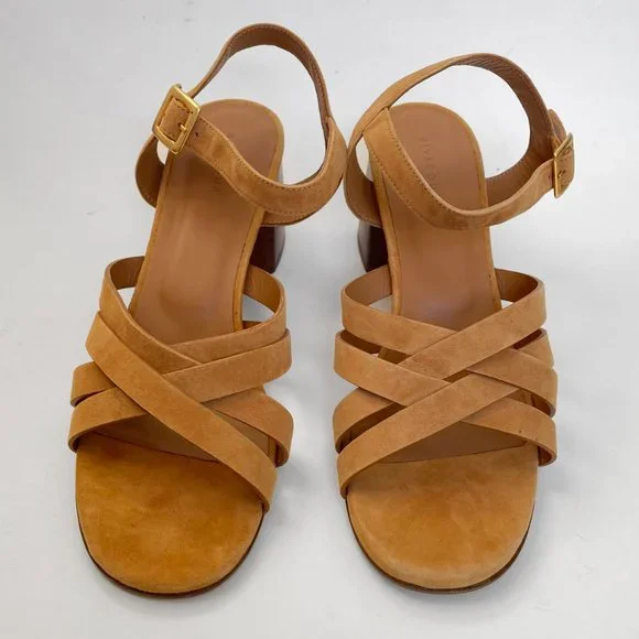 Rivecour Suede Sandals Brown Tan Leather $222 NEW Cross Stack Heel Block Ankle - Picture 8 of 12